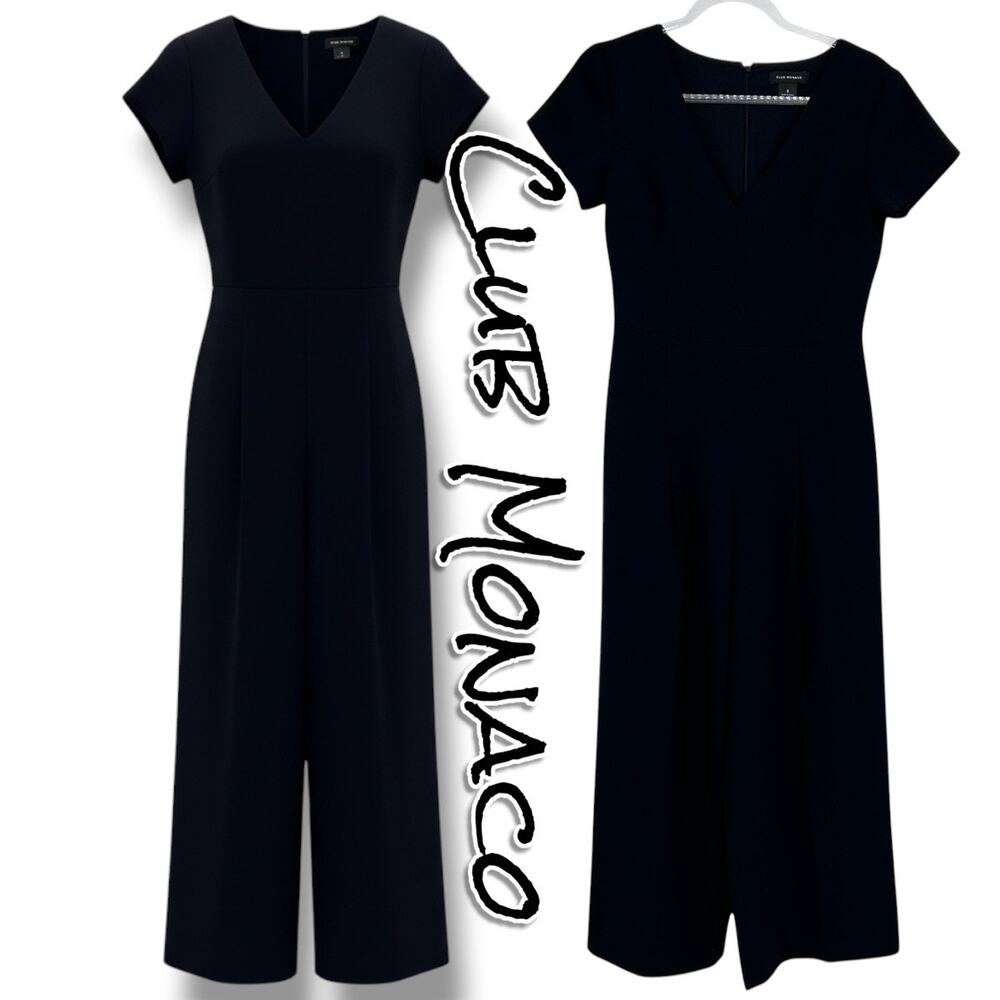 Club Monaco Sannah Black Wide Leg Jumpsuit Sz 2 Short Sleeve V-Neck Minimalist